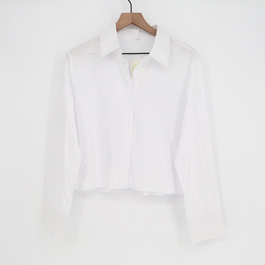 White Cropped Long Sleeve Button Up Shirt Collared Cotton Rayon Blend Large