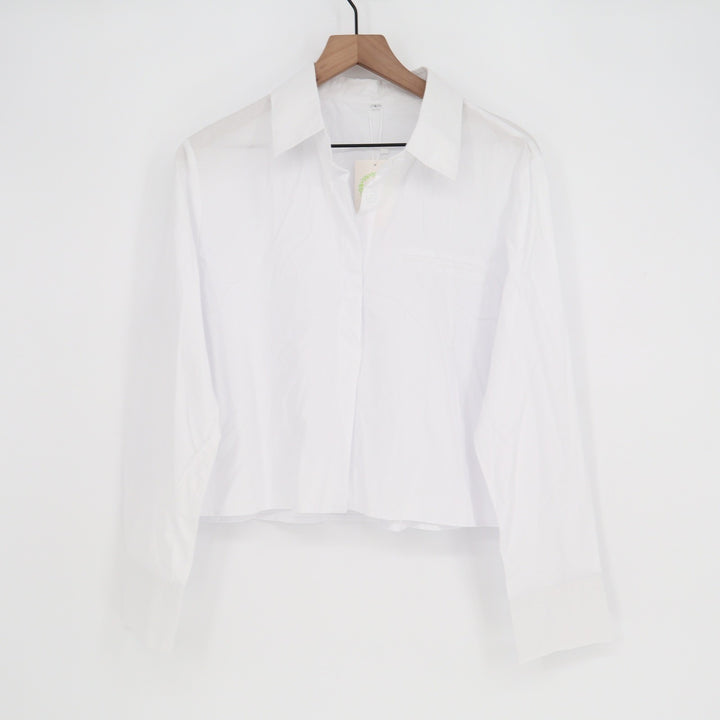 White Cropped Long Sleeve Button Up Shirt Collared Cotton Rayon Blend Large