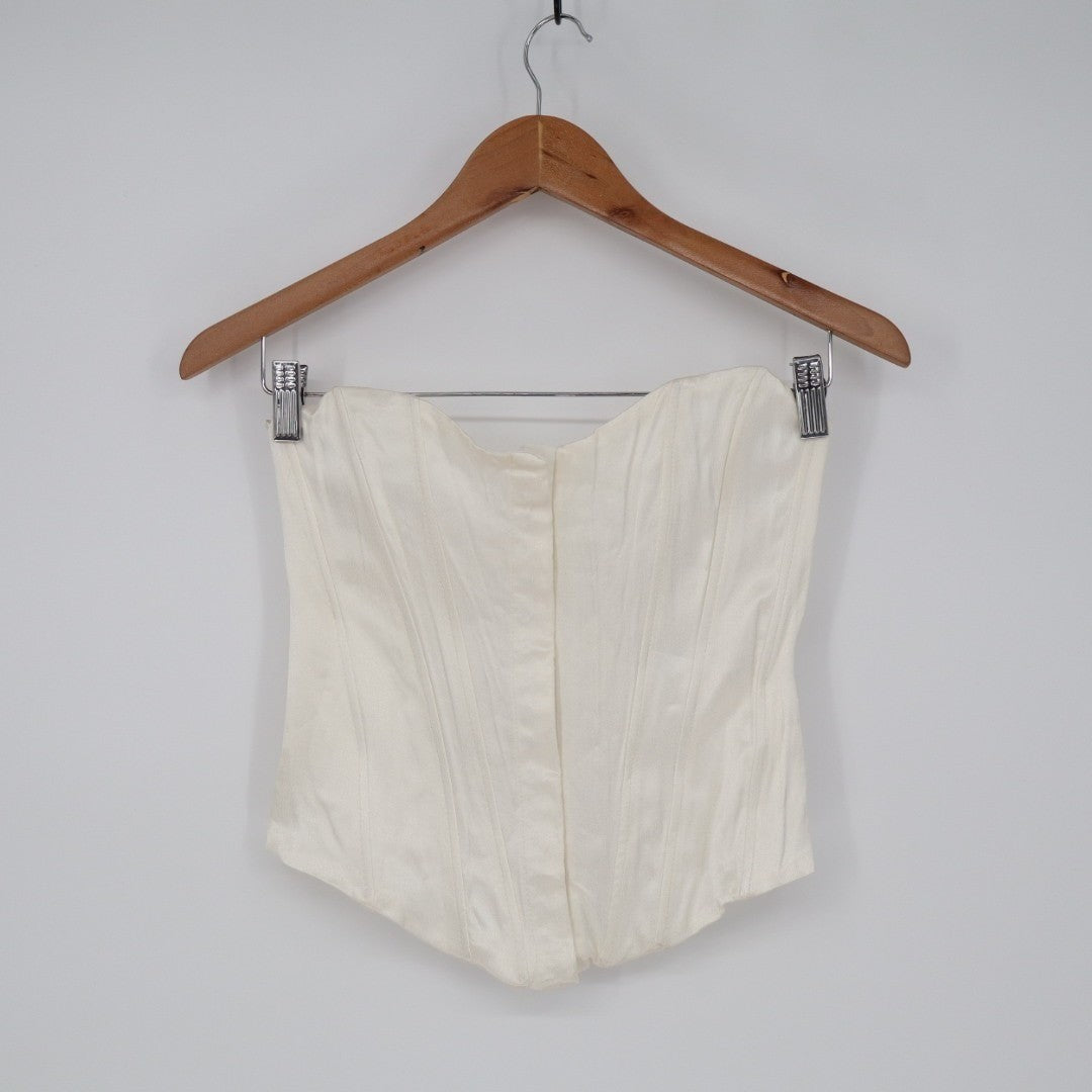 Zara Corset Top Women's Small White Satin Hook & Eye Front Off The Shoulder