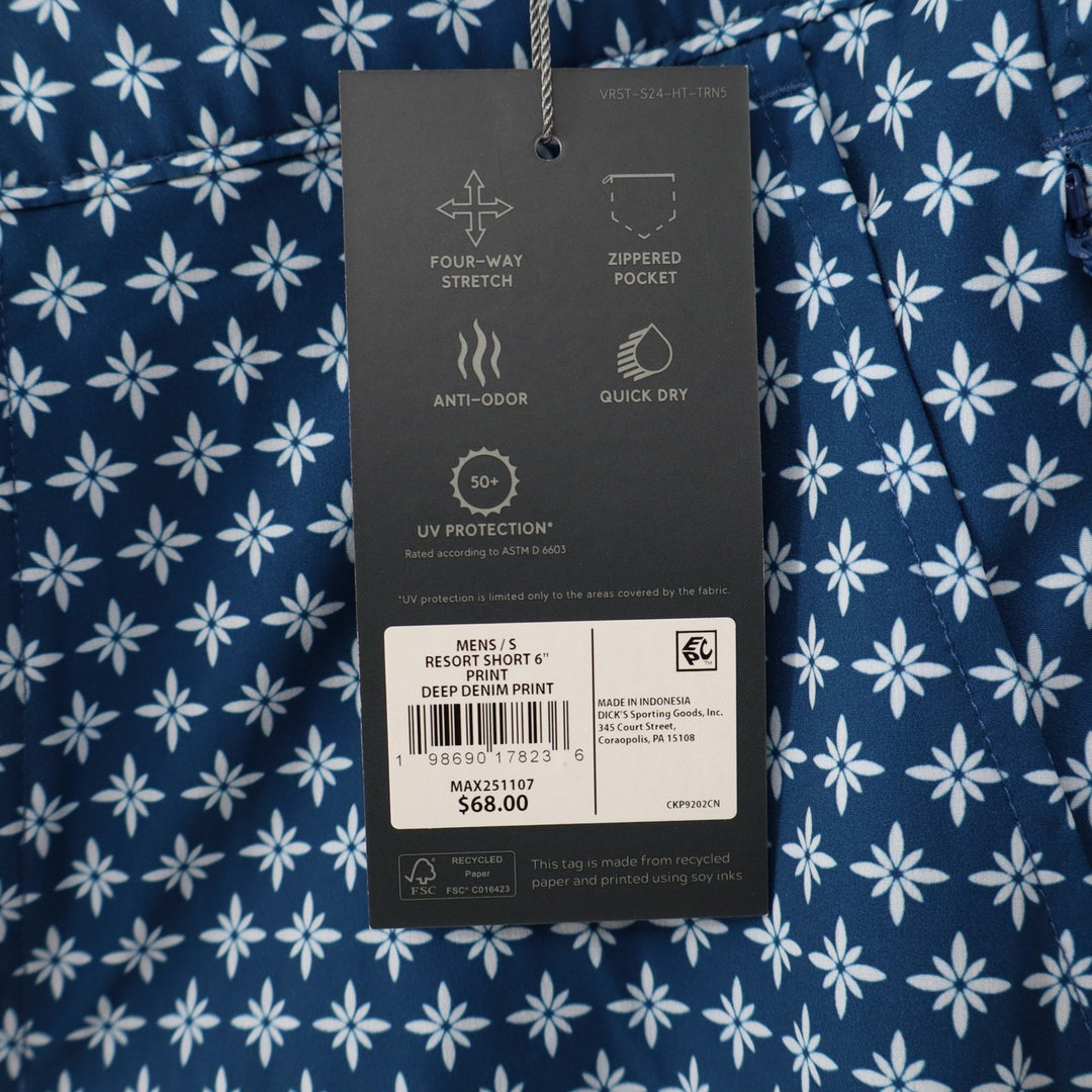 VRST Mens Resort Short 6" Deep Denim Print Blue White Geometric Floral S NEW