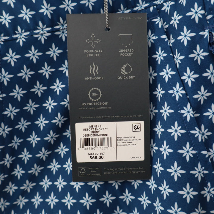 VRST Mens Resort Short 6" Deep Denim Print Blue White Geometric Floral S NEW