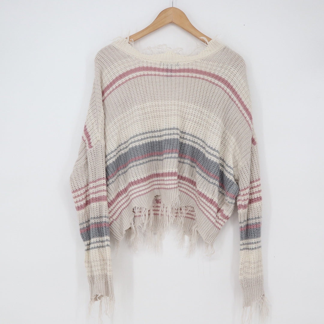 Just Polly Sweater Womens L Distressed V-Neck Cream Pink Striped Grunge Exc