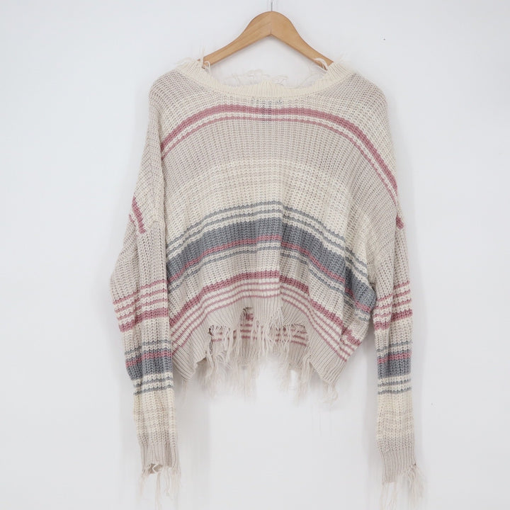 Just Polly Sweater Womens L Distressed V-Neck Cream Pink Striped Grunge Exc