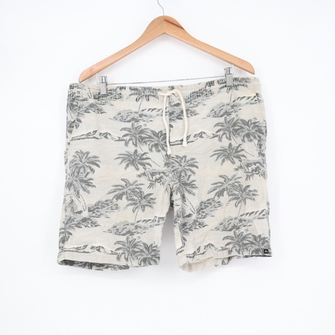 Quiksilver Swim Short Mens M White Tropical Print Cotton Elastic Waist Swimwear