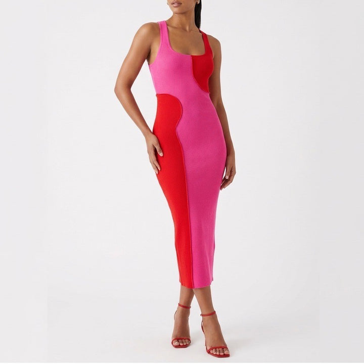 Naked Wardrobe Pink Red Colorblock Ribbed Midi Dress Womens Large