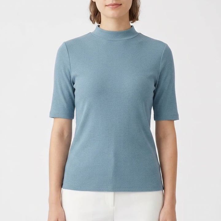 A New Day T Shirt Women Small Blue Cotton Stretch Ribbed Mock Neck Short Sleeve