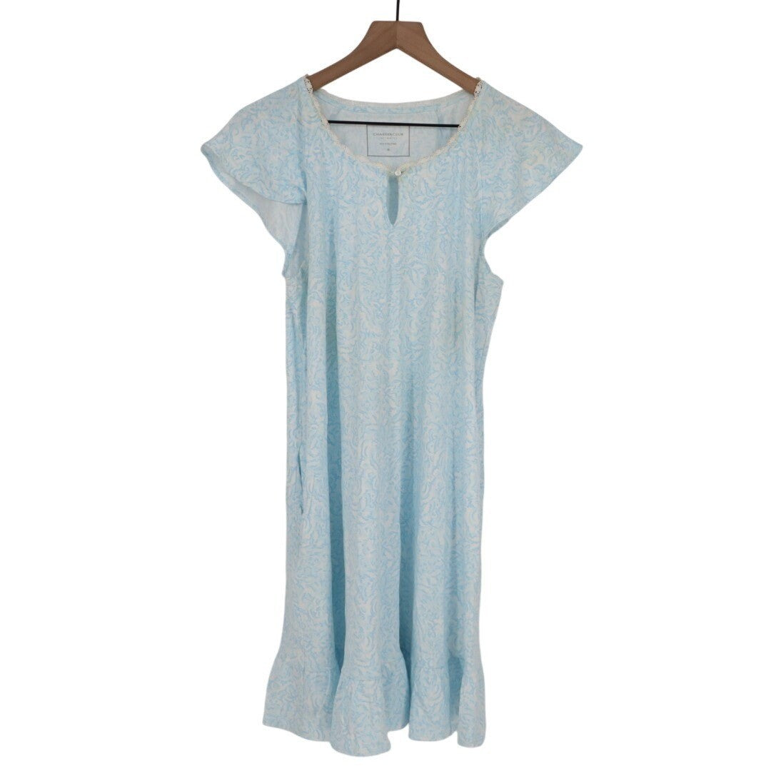Charter Club Intimates Nightgown Womens Small Blue Floral Slit Neck Cap Sleeve