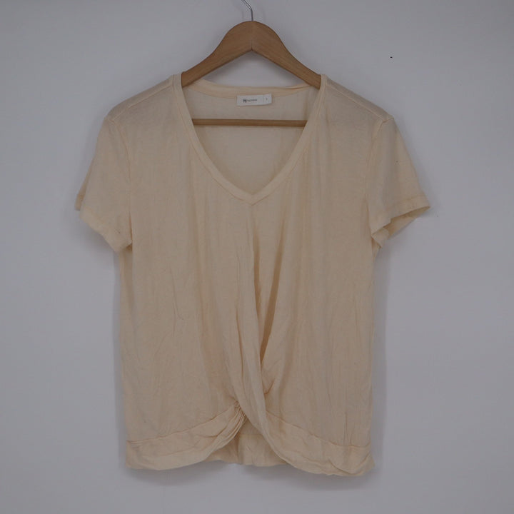 NEIWAI Women Cream Lyocell Wool Blend Twist Front V-Neck T-Shirt L