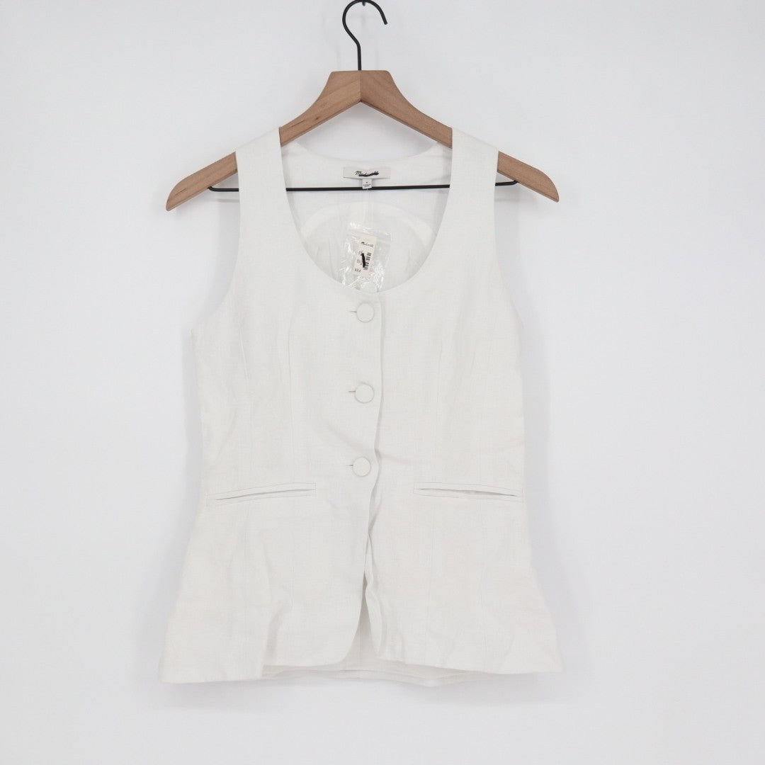 Madewell Cutaway Vest Womens 0 White Linen Scoop Neck Welt Pocket Button Front