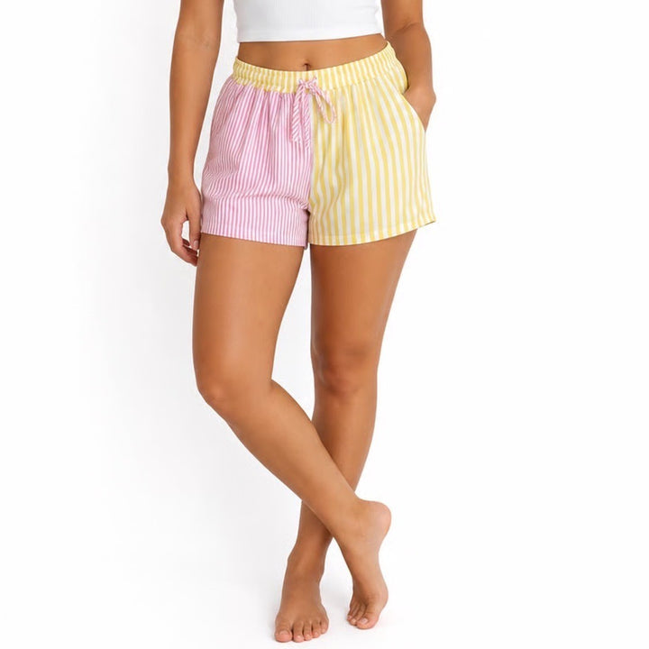 Pink Yellow Striped Colorblock Cotton Shorts Elastic Waist Size L