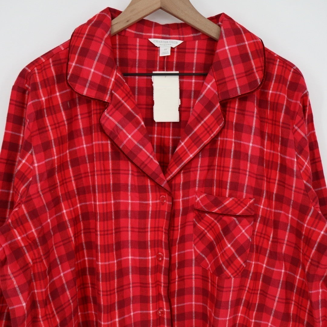 Charter Club Flannel 2-PC Pajamas Set Womens 2X Red Plaid Cotton Lapel Collar