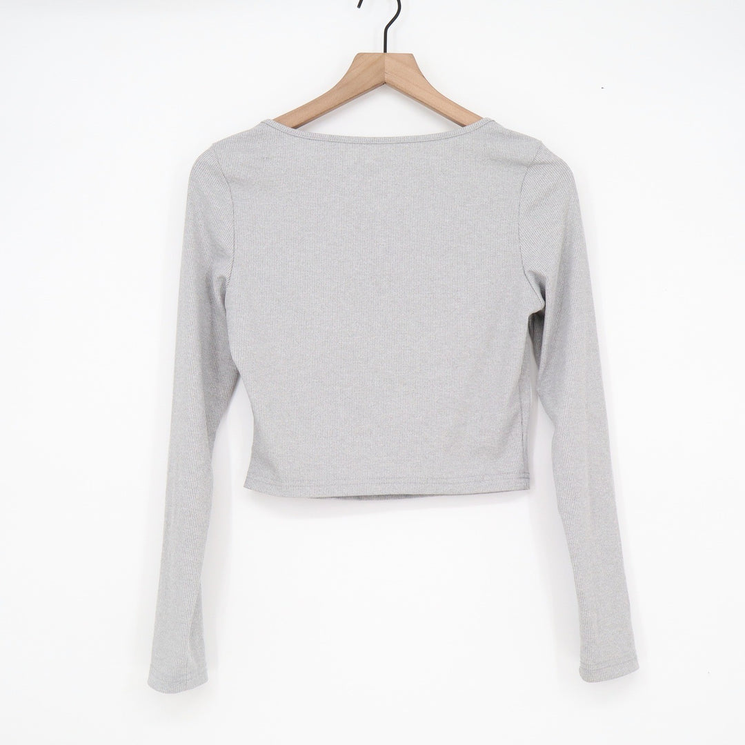 SHEIN Womens Heather Grey Ribbed Square Neck Long Sleeve Crop Top Size M