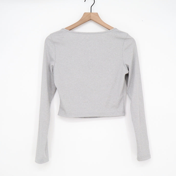SHEIN Womens Heather Grey Ribbed Square Neck Long Sleeve Crop Top Size M