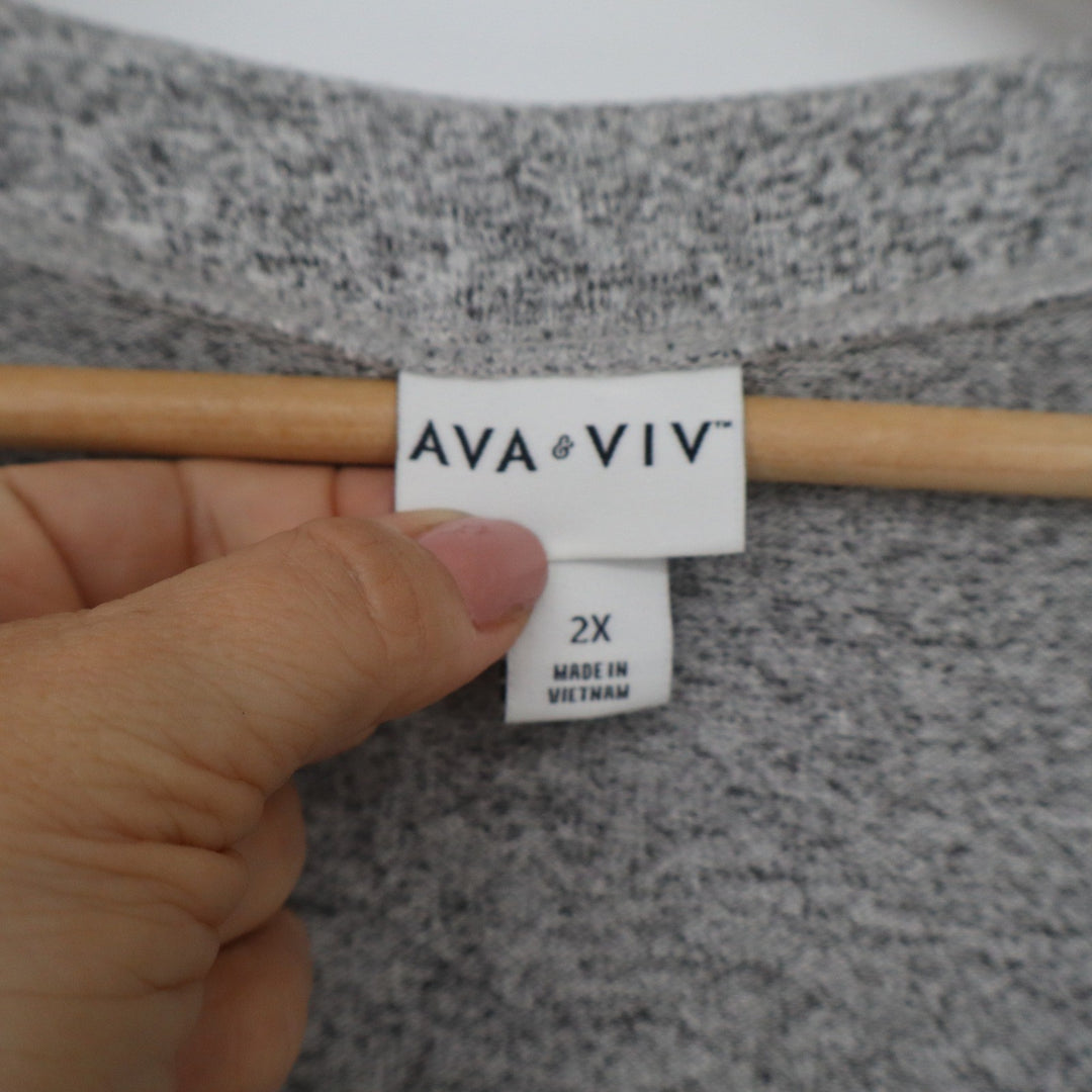 Ava & Viv Womens Plus 2X Heather Grey V-Neck Long Sleeve Marl Top
