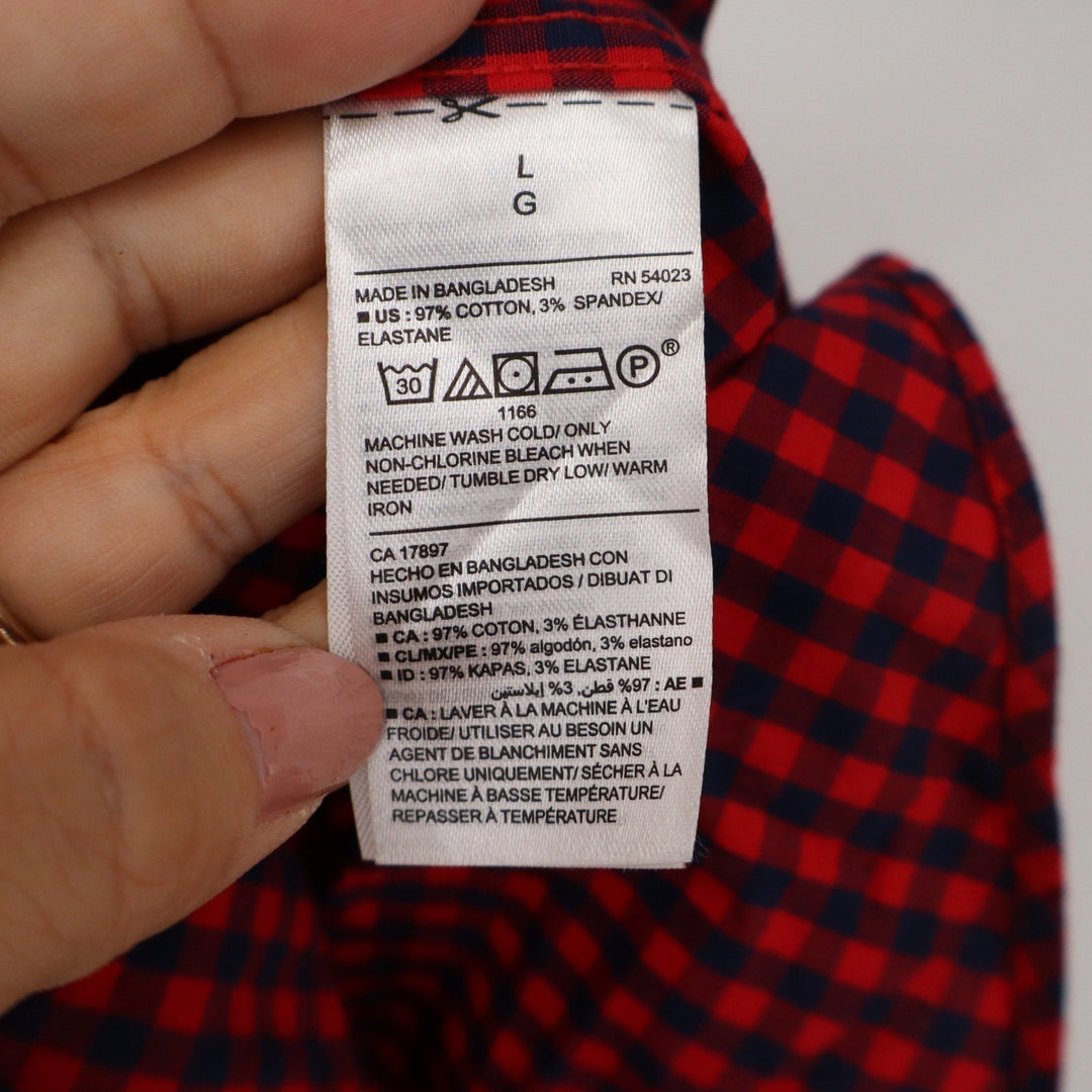 Old Navy Mens Large Red Navy Gingham Slim Fit Everyday Shirt Built-In Flex L