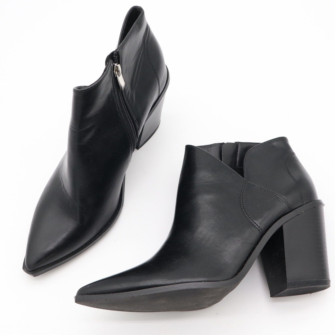 Womens Black Faux Leather Pointed Toe Block Heel Ankle Booties Side Zip Size 10
