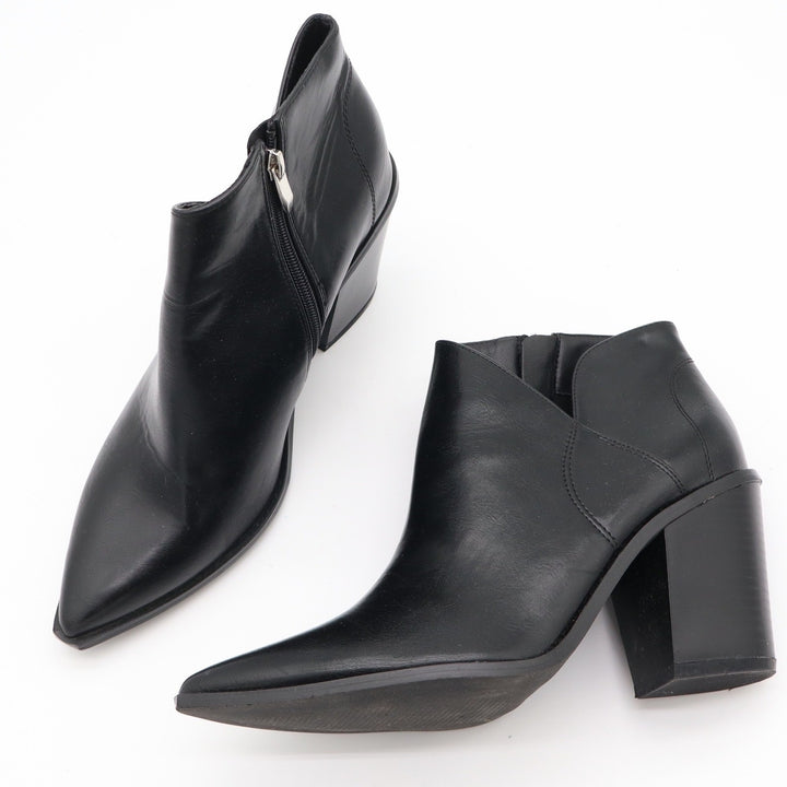 Womens Black Faux Leather Pointed Toe Block Heel Ankle Booties Side Zip Size 10