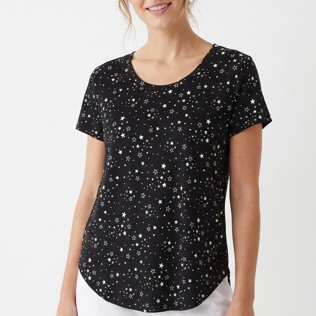 Roudelain Pajama Top Women L Black Stretch Star Printed Shirttail Hem Sleep Wear