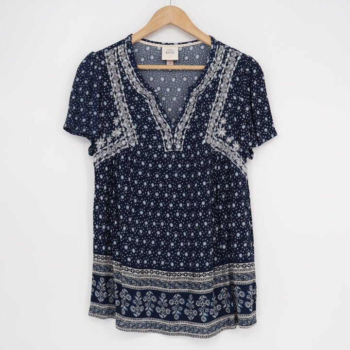 Knox Rose Tunic Top Women Medium Navy Floral Embroidered Short Sleeve Split Neck