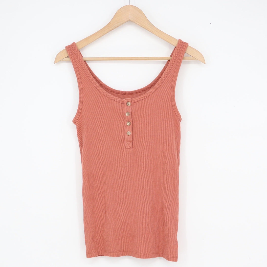 American Eagle Henley Tank Top Small Rust Terracotta Ribbed Knit Scoop Neck