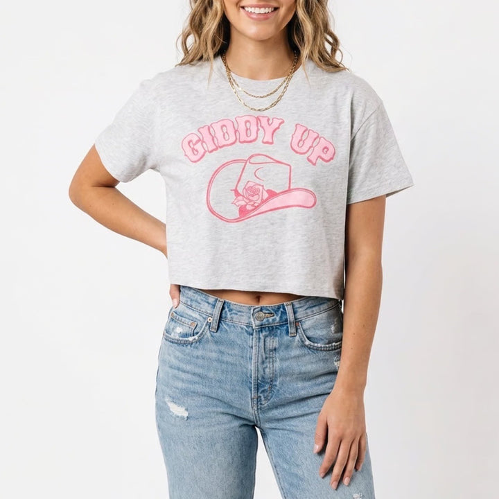 Goodie Two Sleeves Giddy Up Graphic Tee Heather Gray Pink Western Cowgirl Large