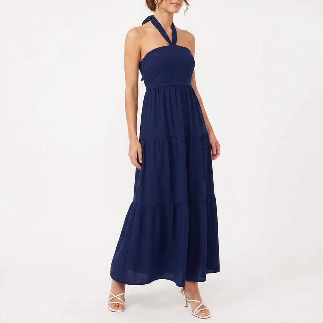 Navy Blue Smocked Halter Maxi Dress Tiered Boho Summer Sun Dress Large