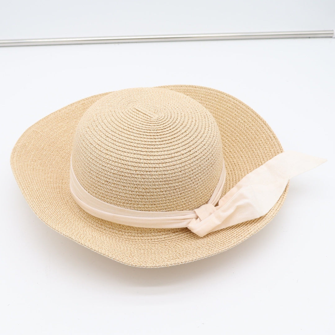 FURTALK Sun Hat Womens M/L Wide Brim Packable Straw Beige Ribbon Bow Excellent