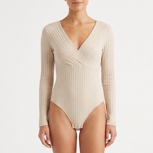 Shein Bodysuit Womens Large Beige Stretch Rib Knit Long Sleeve V-Neck One Piece