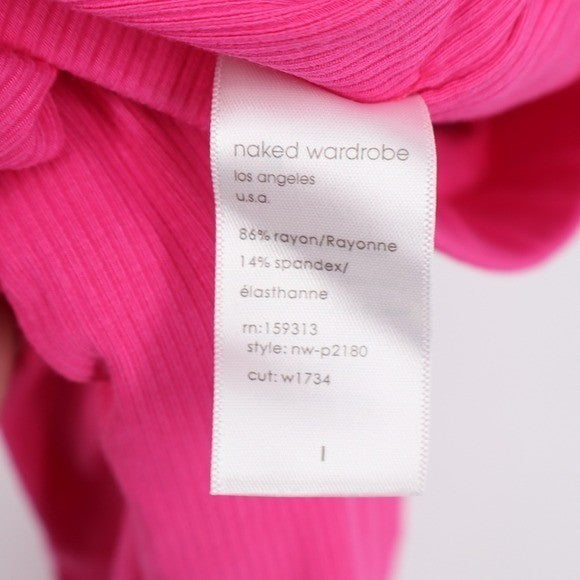 Naked Wardrobe Ribbed High Waisted Side Slit Leggings Hot Pink NW-P2180 Large