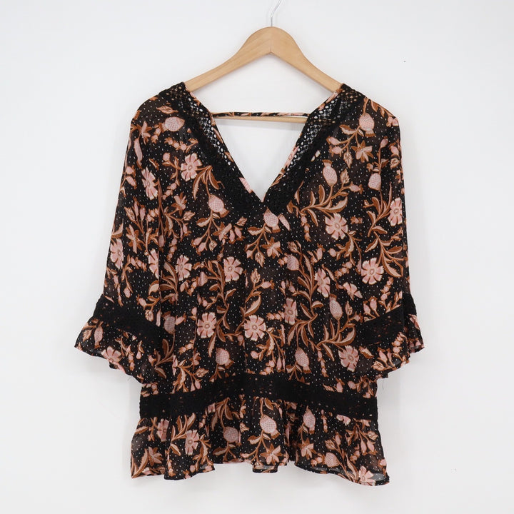 DR2 Blouse Womens Medium Black Floral Crochet Lace Trim Excellent