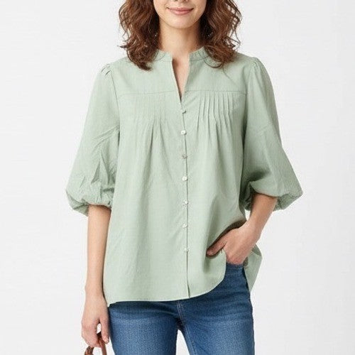 Women's Short Sleeve Pleated Button Up Shirt Light Green Size L