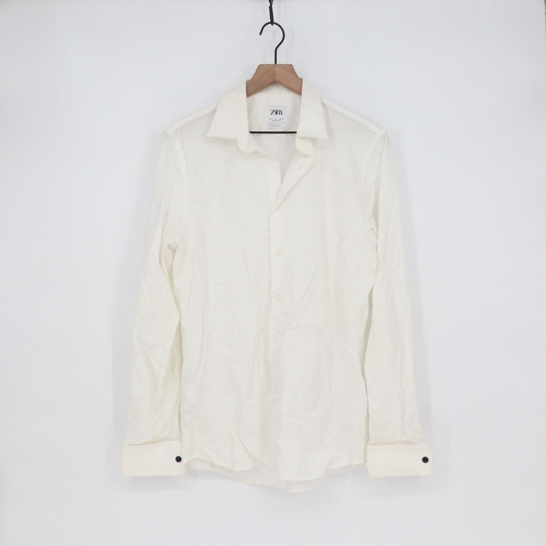 Zara Shirt Mens Large Off White Stretch Superslim Fit Long Sleeve Button Up