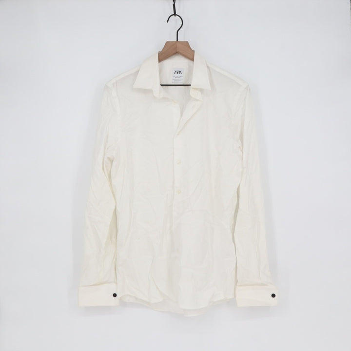 Zara Shirt Mens Large Off White Stretch Superslim Fit Long Sleeve Button Up