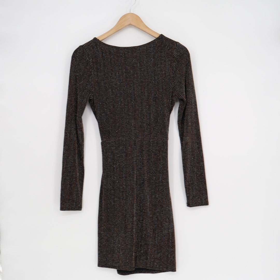 Mi Ami Black Metallic Pinstripe Twist Front V-Neck Mini Dress Small