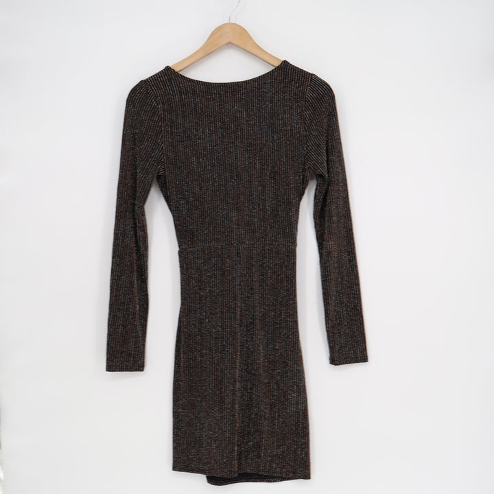 Mi Ami Black Metallic Pinstripe Twist Front V-Neck Mini Dress Small