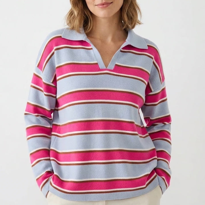 Pink Blue Striped Long Sleeve Knit Polo Sweater V-Neck Collar Size L