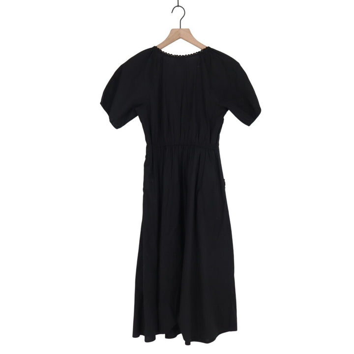 J. Crew Midi Dress Womens 2 Petite Black Cotton Stretch Lace Trim Puff Sleeve