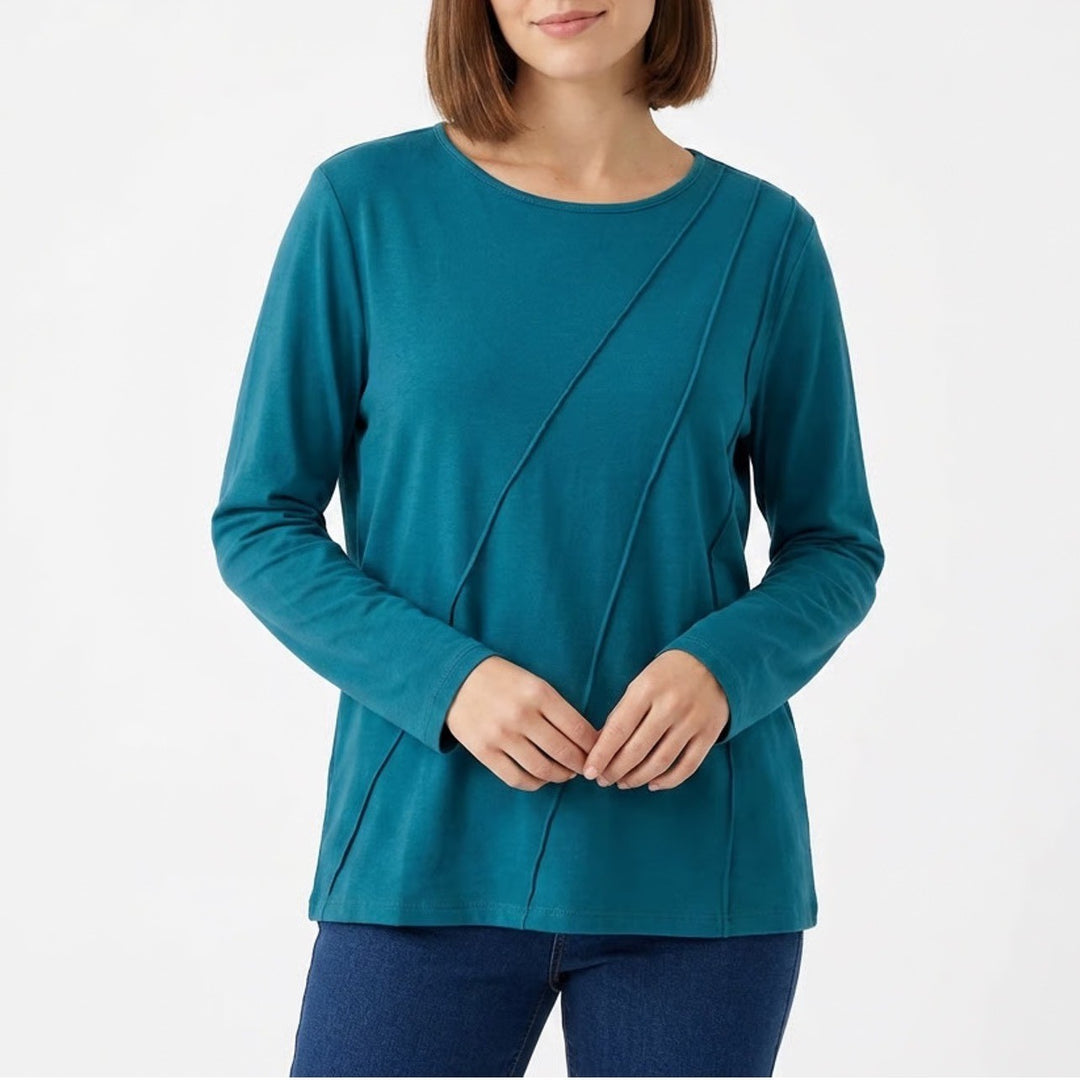Shein Curve Teal Blue Diagonal Seam Long Sleeve Top Plus Size 3XL Crew Neck