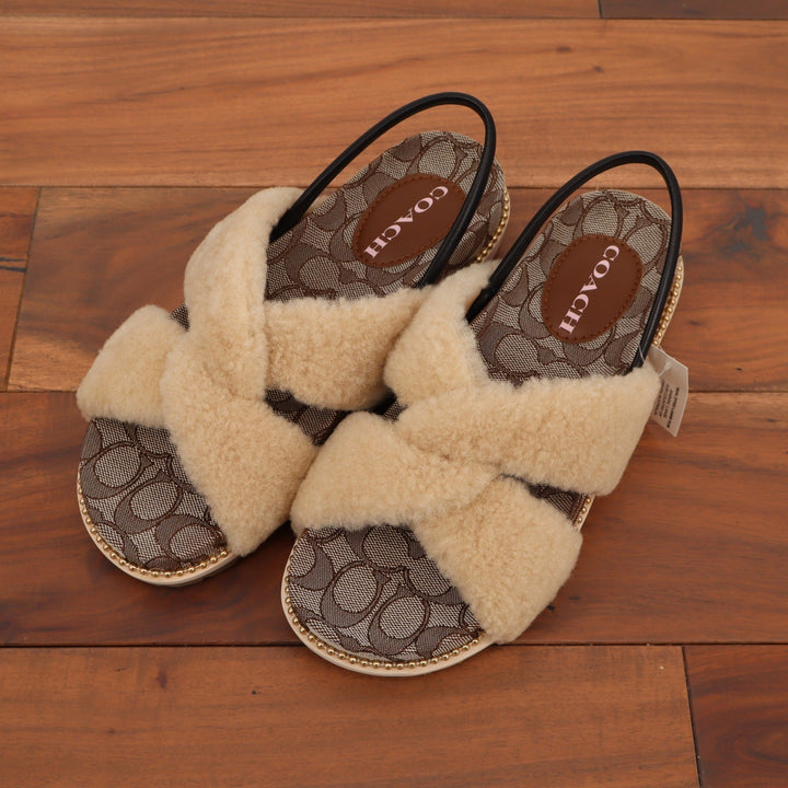Coach Tally Shearling Sandal Natural Signature Monogram Size 8