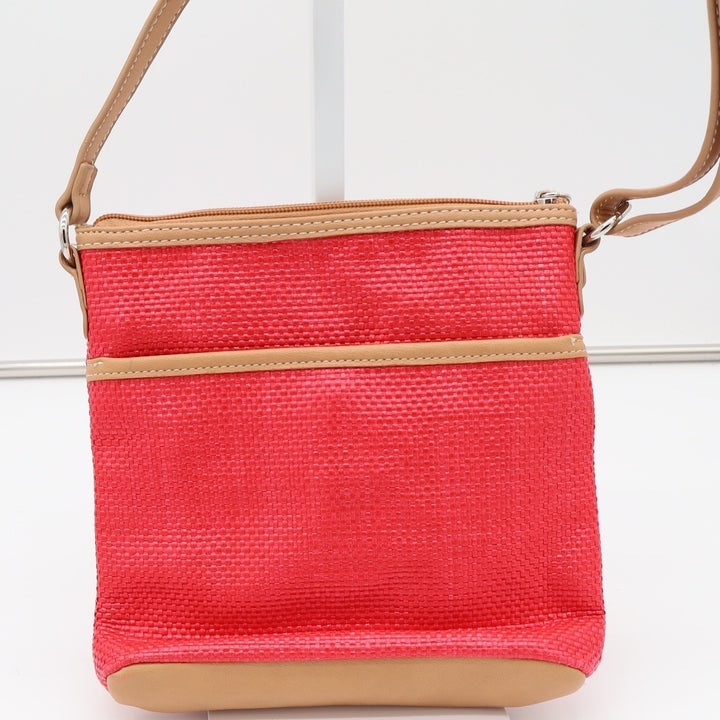 Liz Claiborne Crossbody Bag Womens Small Woven Red Tan Trim Casual Excellent