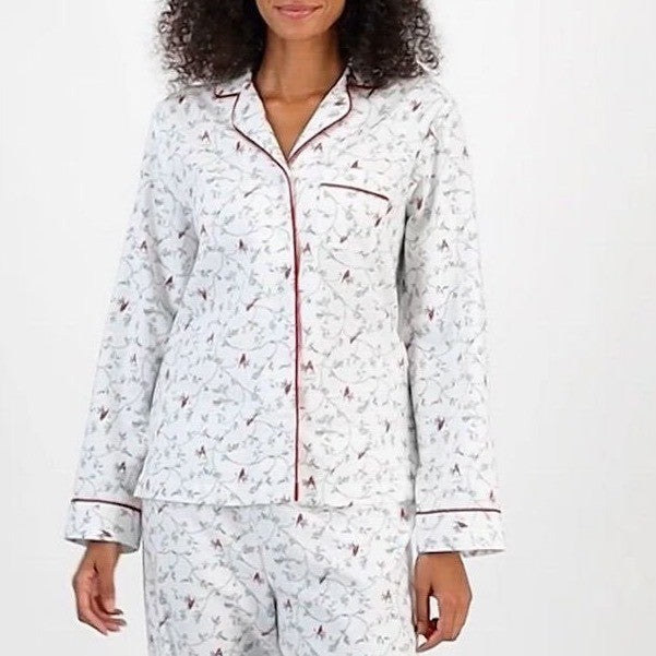Charter Club Flannel Pajamas Top Womens Large White Floral Cotton Button Front
