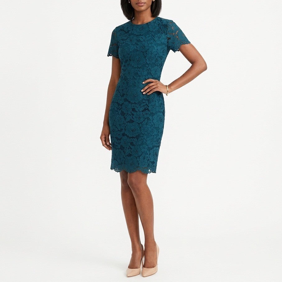 Lauren Ralph Lauren Sheath Dress Womens 8 Blue Floral Lace Detail Short Sleeve