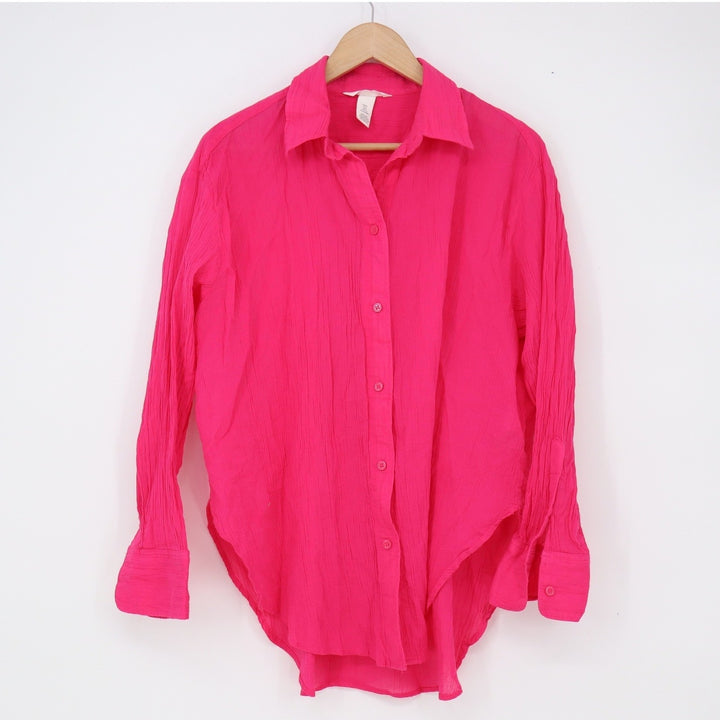 H&M Button-Down Womens S Relaxed Crinkle Hot Pink Cotton Long Sleeve Excellent