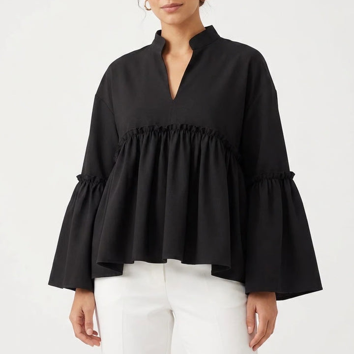 Shein Black Peplum Blouse Notched V-Neck Tiered Bell Sleeve Ruffle Top Large