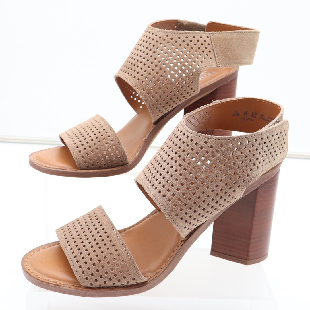 Franco Sarto Delores Tan Perforated Suede Block Heel Sandals Womens 8.5M