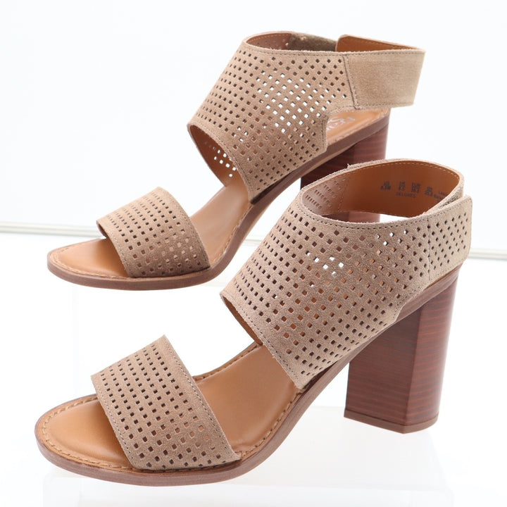 Franco Sarto Delores Tan Perforated Suede Block Heel Sandals Womens 8.5M