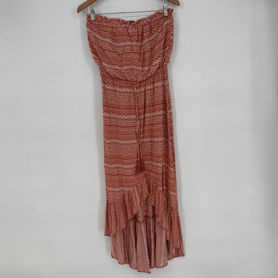Main Strip Strapless Hi-Lo Maxi Dress Geometric Print Medium Boho