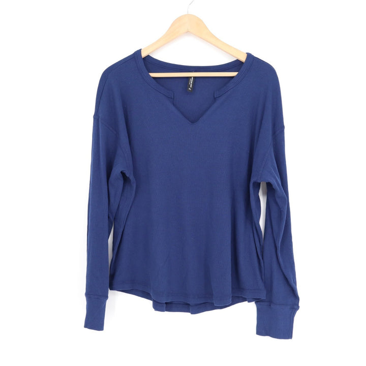 American Giant Luxe Rib Shirt Womens XL Blue Cotton Long Sleeve V-Notch Pullover