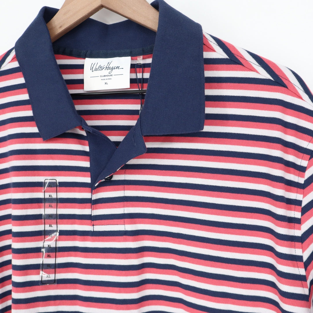 Walter Hagen Mens XL Clubhouse Stripe Pique Polo Pink Navy Blue