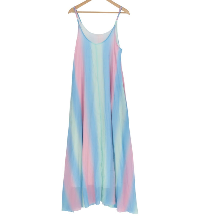 Womens Maxi A Line Dress Multicolor Pastel Ombre Rainbow Print Spaghetti Strap